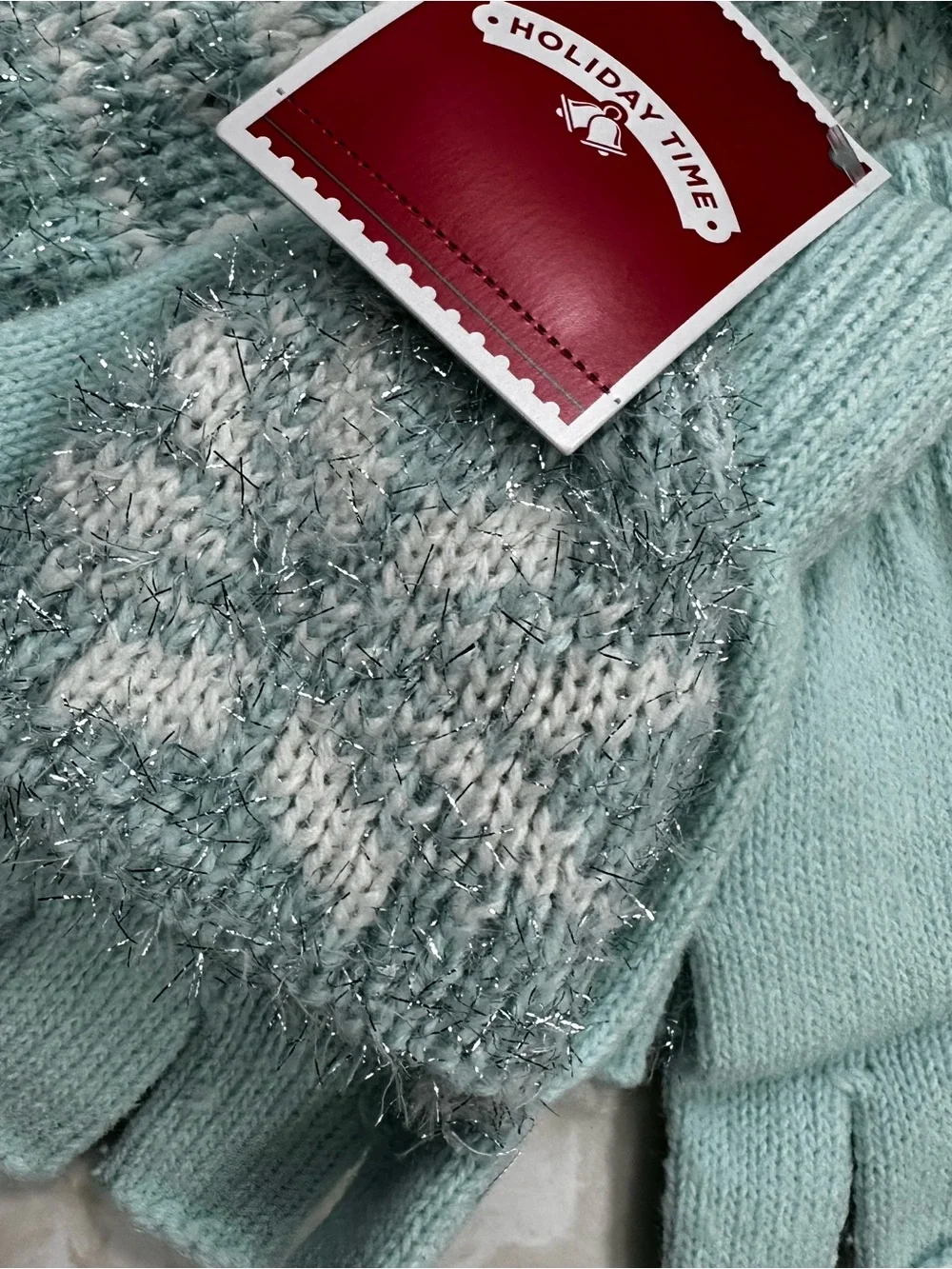 2pcs Holiday Time Mint Knit Pom Beanie and Matching Gloves Set